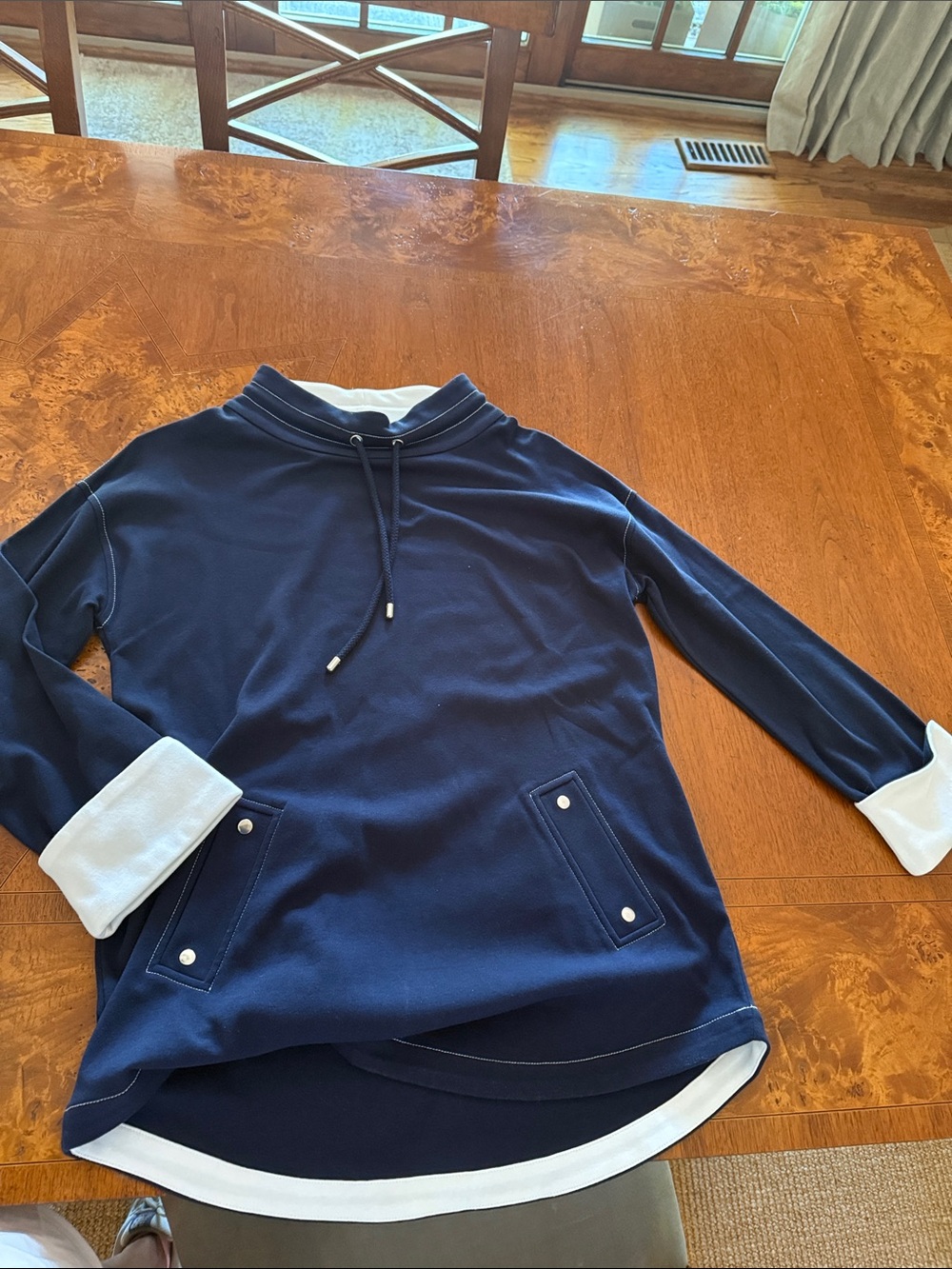 Joan Vass Navy and White Hooded Pullover